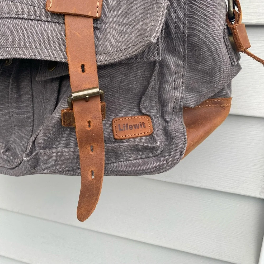 Lifewit Brown Canvas & Leather Satchel Messenger Cross Body Shoulder Bag Grey